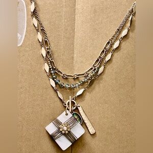 Necklace Avon Mother of Pearl flower, faux Pearls & Crystals. 18” w 3” drop